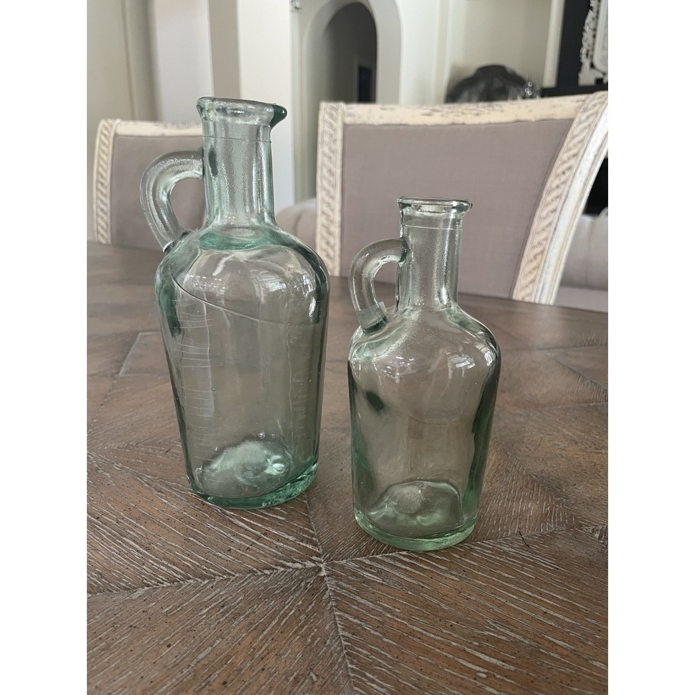 Vtg‎  Set of 2 Aqua Green Tint Hand Blown Glass Jug Handle Bottles